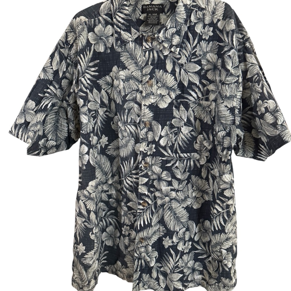 Banana Jack Dark Blue and Cream Leaf Hawaiian style Shirt Mens Xlg